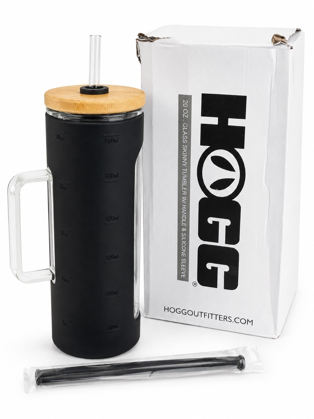 Hogg Outfitters 20 Oz Glass Skinny Tumbler w/ Handle Silicone Sleeve & Straw NEW